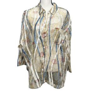 Vintage Graff Wear Linen Blend Sheer Floral Striped Button Down Blouse XL